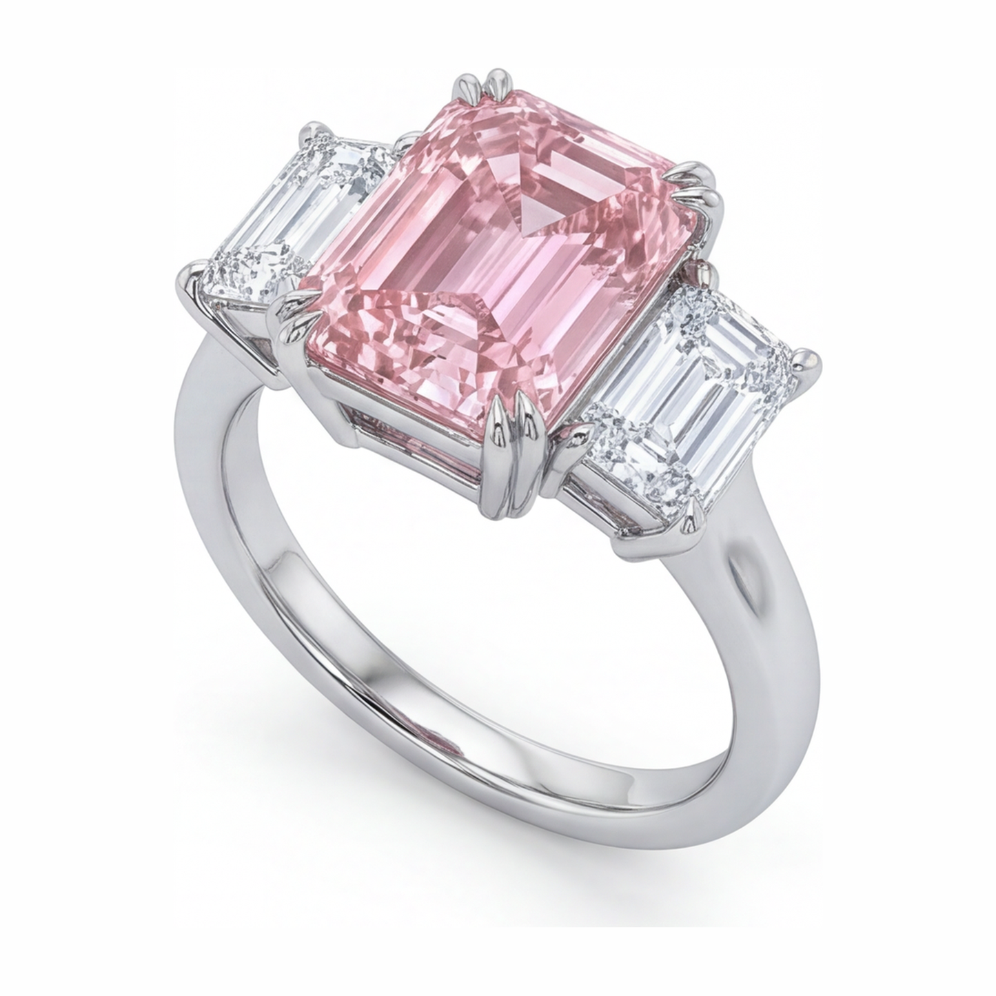 Lab Grown Pink Diamond 2.75 Carat Emerald Three Stone Ring 14K White Gold
