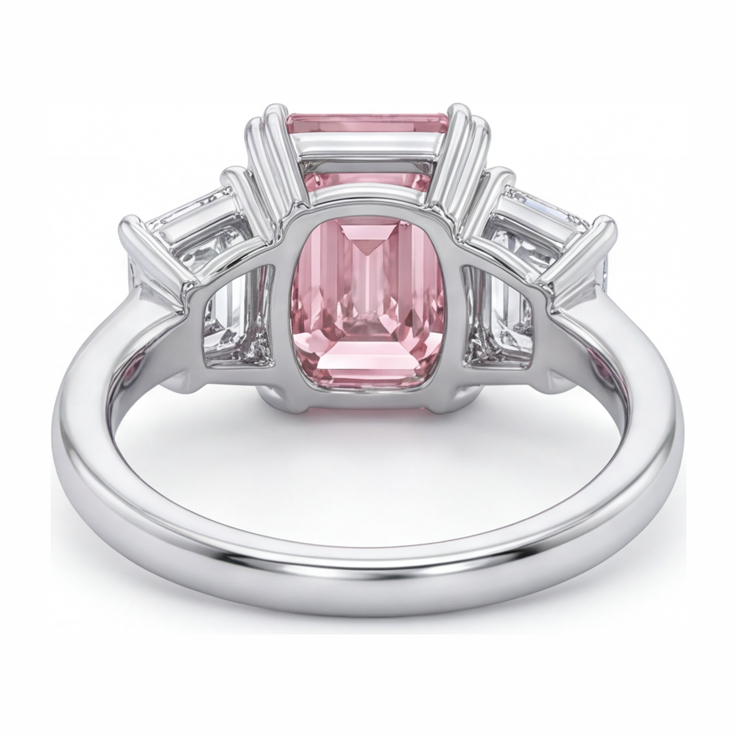 Lab Grown Pink Diamond 2.75 Carat Emerald Three Stone Ring 14K White Gold