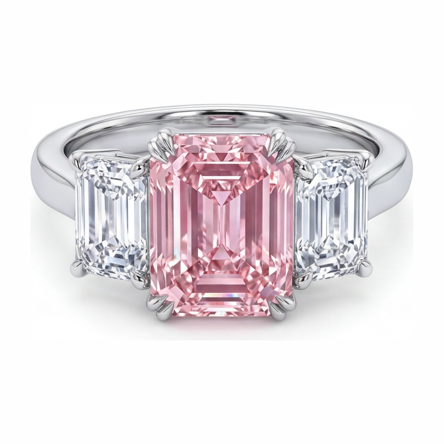 Lab Grown Pink Diamond 2.75 Carat Emerald Three Stone Ring 14K White Gold