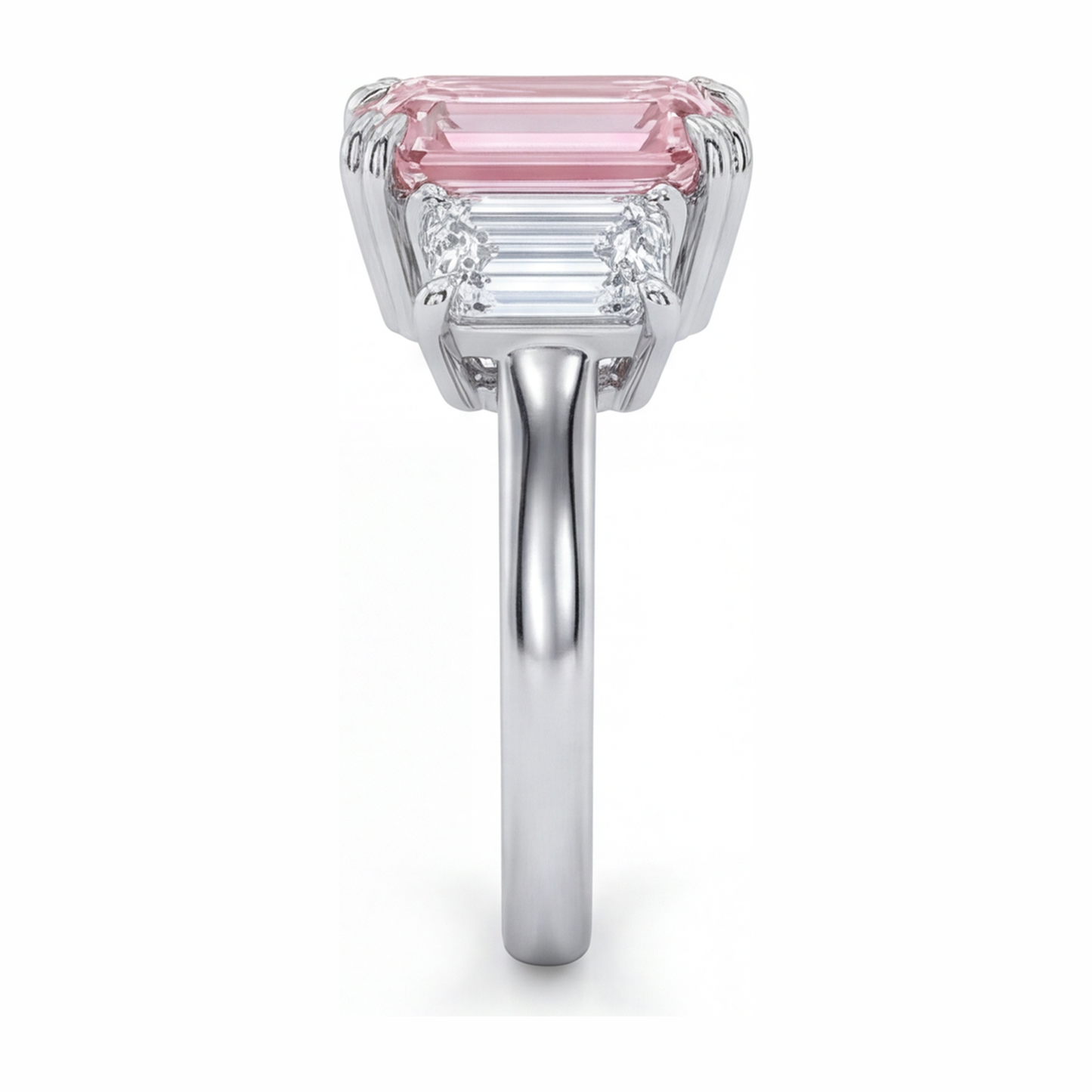 Lab Grown Pink Diamond 2.75 Carat Emerald Three Stone Ring 14K White Gold