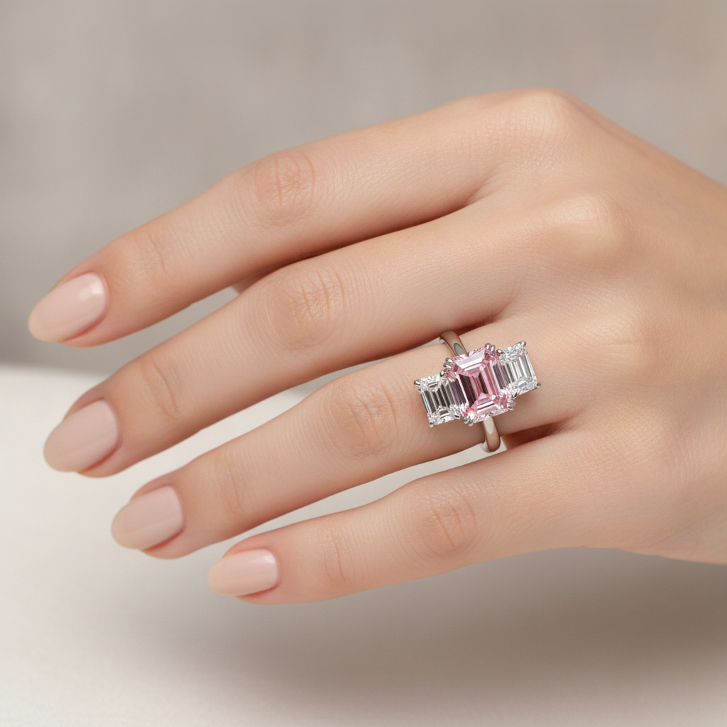 Lab Grown Pink Diamond 2.75 Carat Emerald Three Stone Ring 14K White Gold