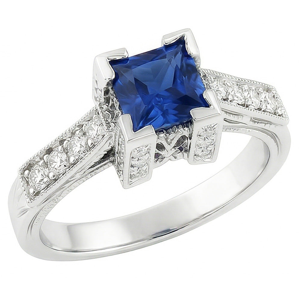 2.80 Ct Ceylon Sapphire And Natural Earth Mined Diamond ( Not Lab Grown ) Ring 14K White Gold