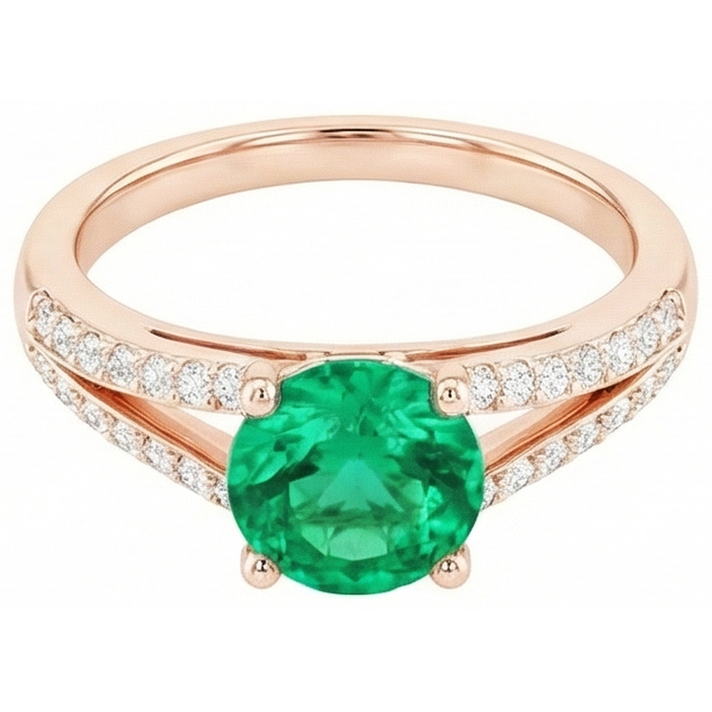 2.85 Ct Round Cut Green Emerald With Natural Earth Mined Diamond ( Not Lab Grown ) 14K Rose Gold
