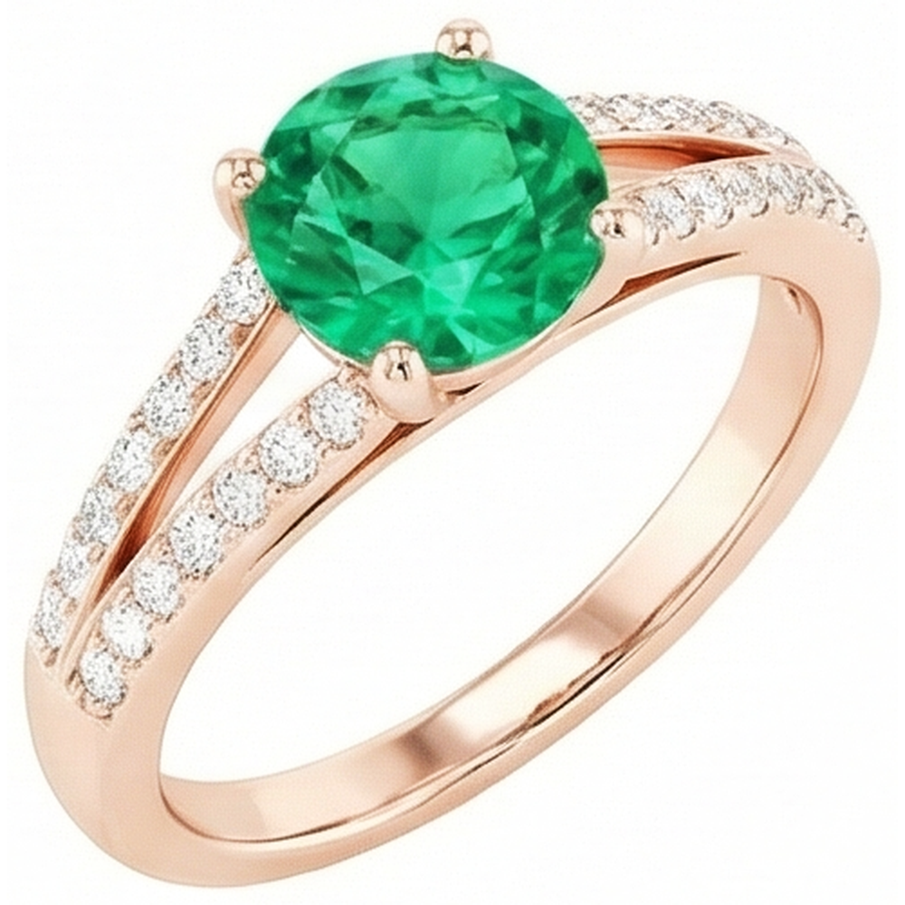 2.85 Ct Round Cut Green Emerald With Natural Earth Mined Diamond ( Not Lab Grown ) 14K Rose Gold