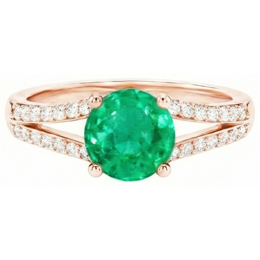 2.85 Ct Round Cut Green Emerald With Natural Earth Mined Diamond ( Not Lab Grown ) 14K Rose Gold