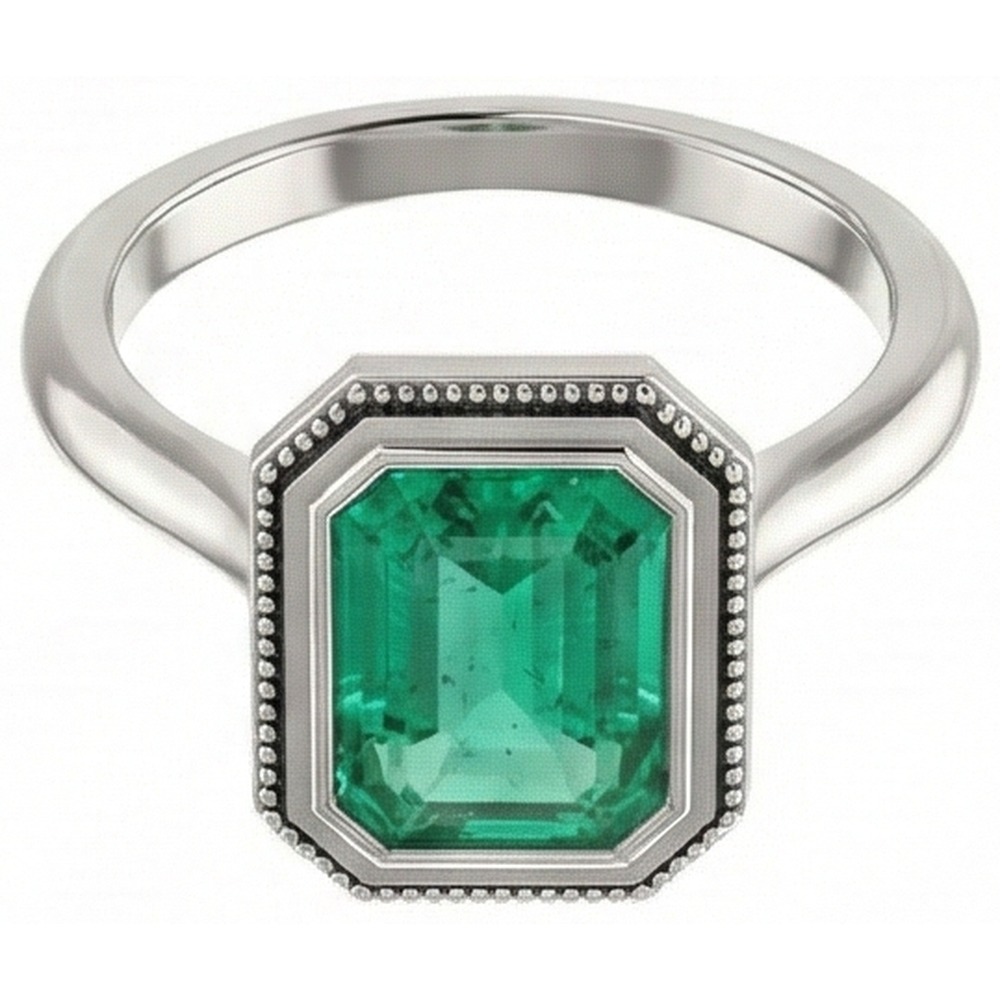 Colombian Emerald Step Cut Precious Stone Ring in 14K Two Tone Gold – front view