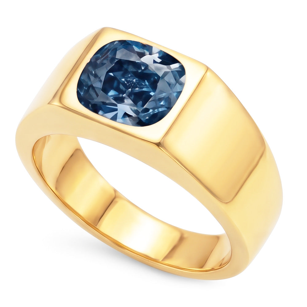 2 Carats Gypsy Blue Cushion Natural Earth Mined Diamond ( Not Lab Grown )  Men's Solitaire Ring Yellow Gold