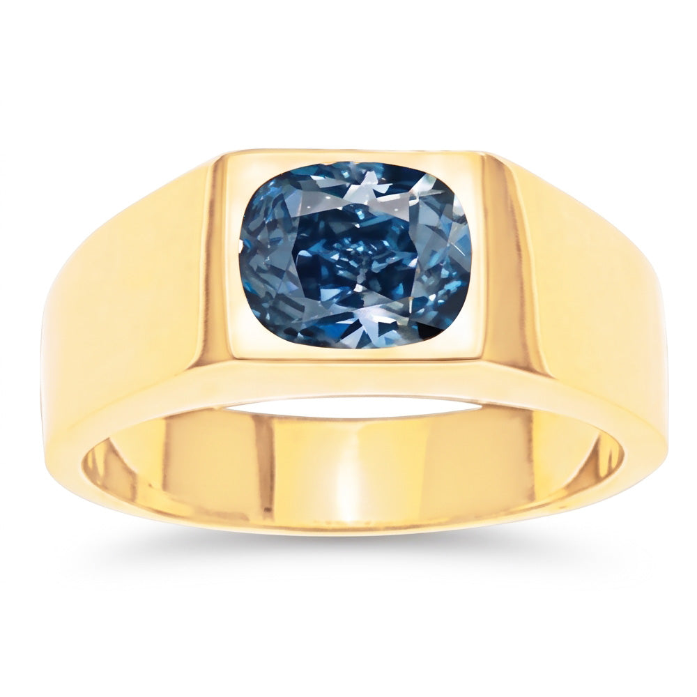 2 Carats Gypsy Blue Cushion Natural Earth Mined Diamond ( Not Lab Grown )  Men's Solitaire Ring Yellow Gold