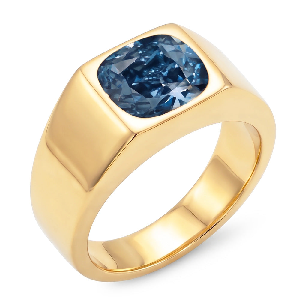 2 Carats Gypsy Blue Cushion Natural Earth Mined Diamond ( Not Lab Grown )  Men's Solitaire Ring Yellow Gold