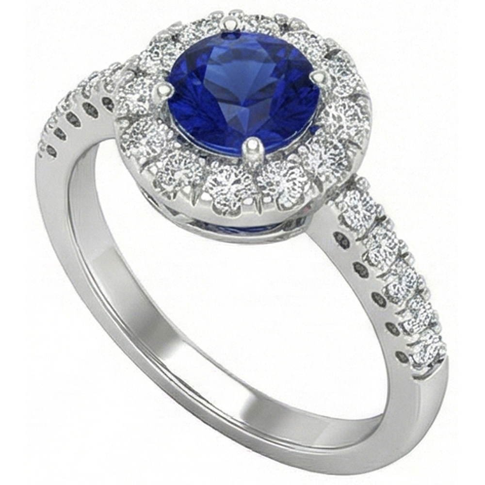 2 Carats Round Blue Ceylon Sapphire Natural Earth Mined Diamond Ring White Gold 14K