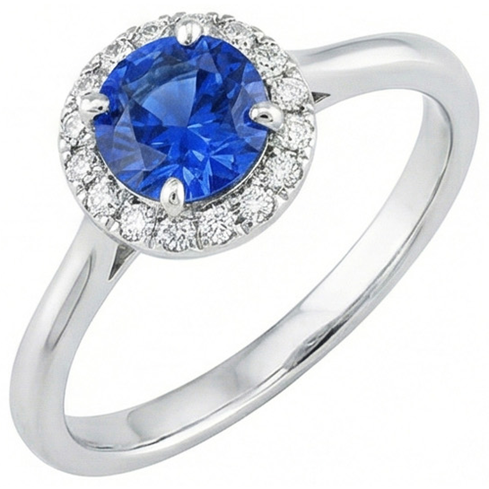 2 Carats Round Sapphire And Natural Earth Mined Diamond ( Not Lab Grown )  Engagement Ring White Gold 14K