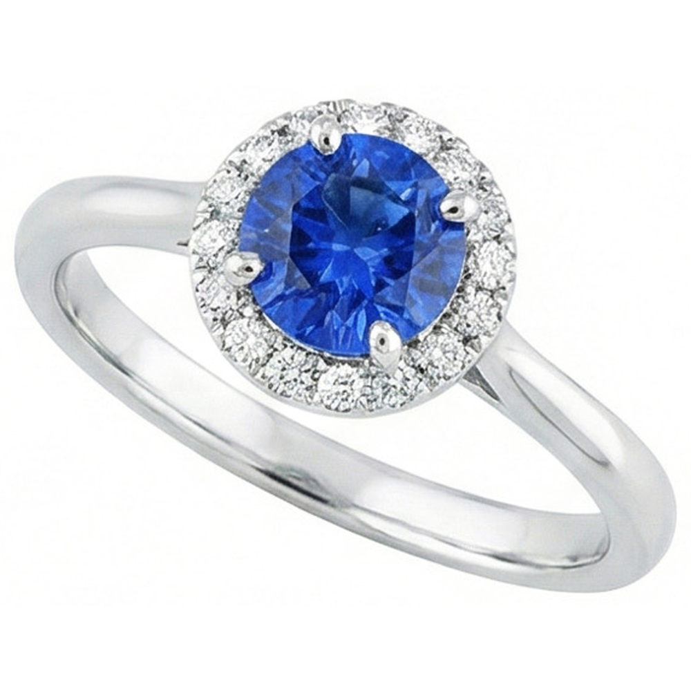 2 Carats Round Sapphire And Natural Earth Mined Diamond ( Not Lab Grown )  Engagement Ring White Gold 14K