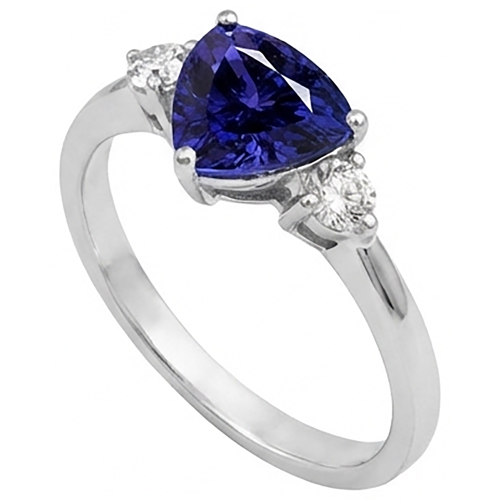 2 Carats Tanzanite Trillion Natural Earth Mined Diamond ( Not Lab Grown )  3 Stone Ring White Gold 14K