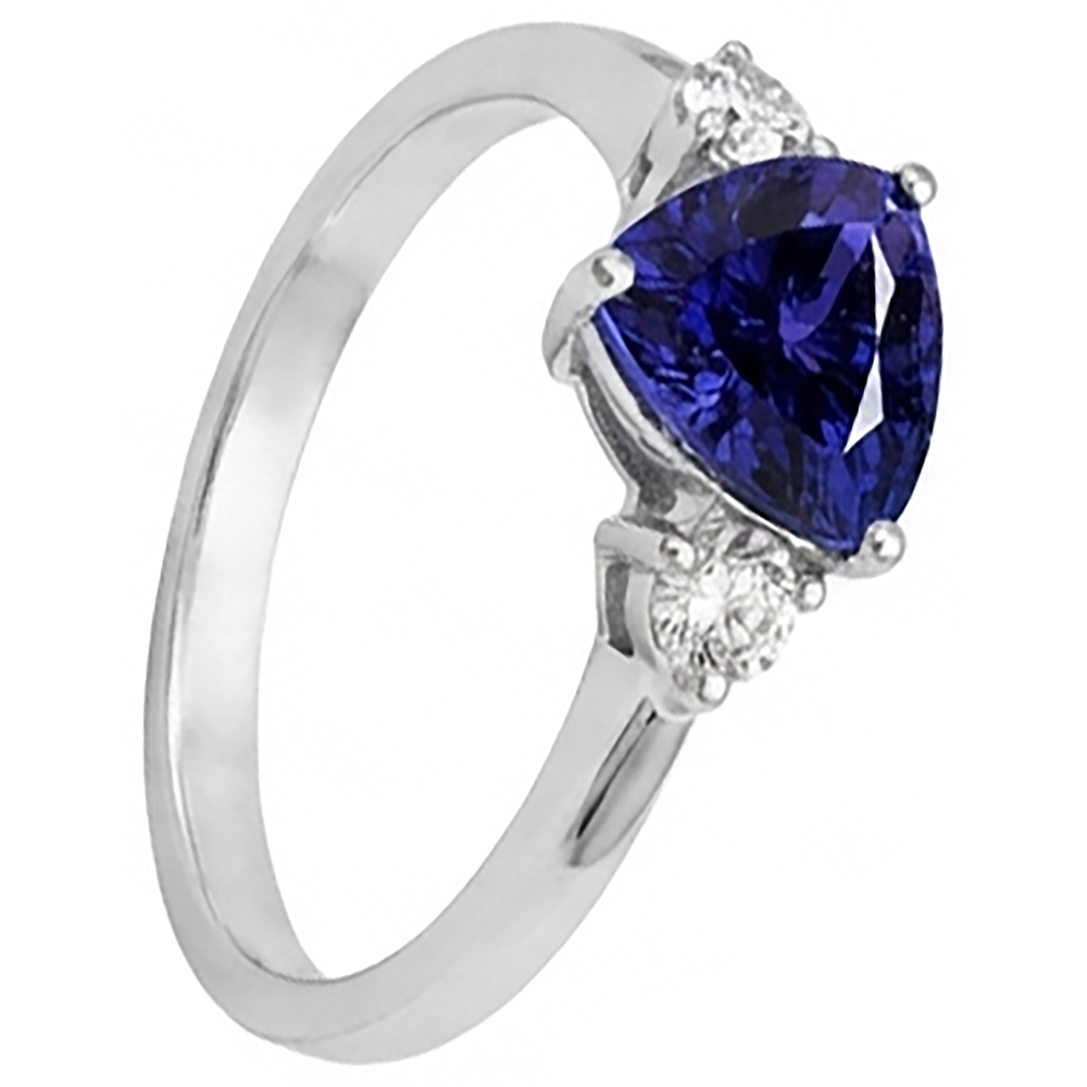 2 Carats Tanzanite Trillion Natural Earth Mined Diamond ( Not Lab Grown )  3 Stone Ring White Gold 14K
