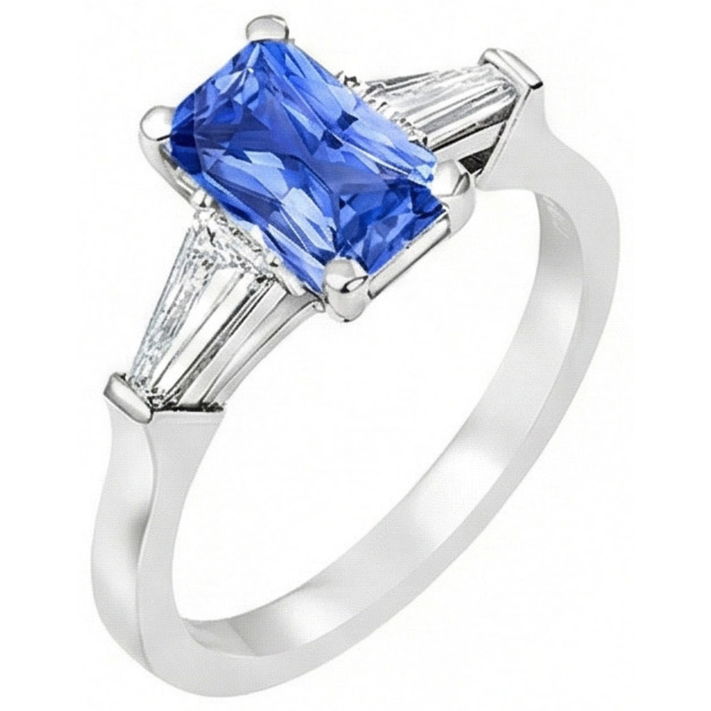 2 Carats Womens Jewelry Blue Sapphire Ring Tapered Baguette 3 Stone