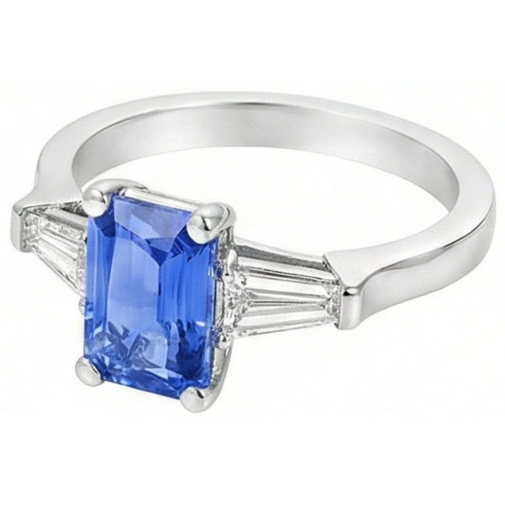 2 Carats Womens Jewelry Blue Sapphire Ring Tapered Baguette 3 Stone