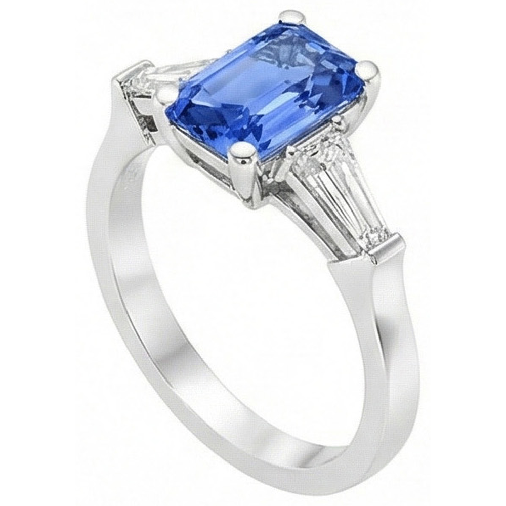 2 Carats Womens Jewelry Blue Sapphire Ring Tapered Baguette 3 Stone