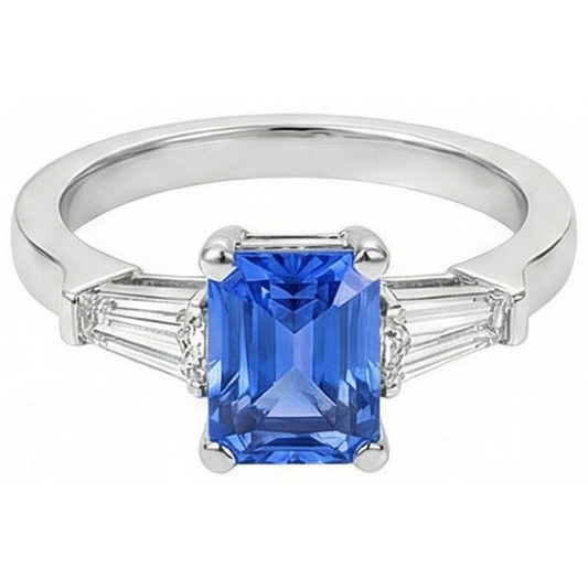 2 Carats Womens Jewelry Blue Sapphire Ring Tapered Baguette 3 Stone