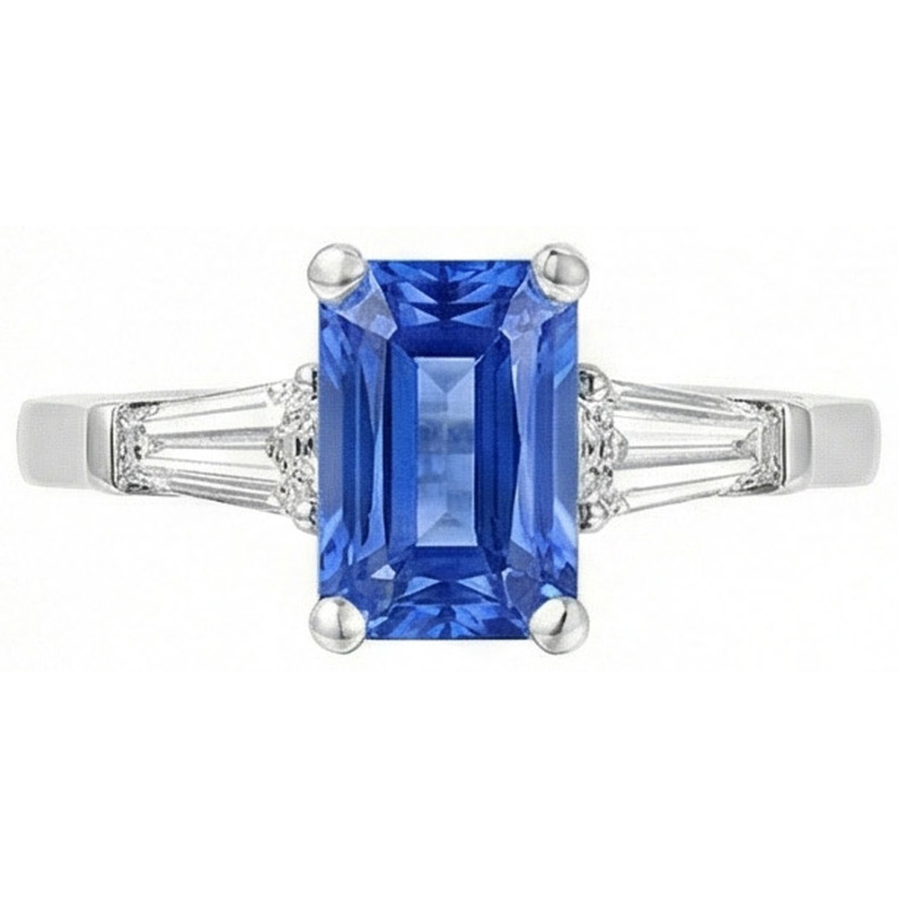 2 Carats Womens Jewelry Blue Sapphire Ring Tapered Baguette 3 Stone