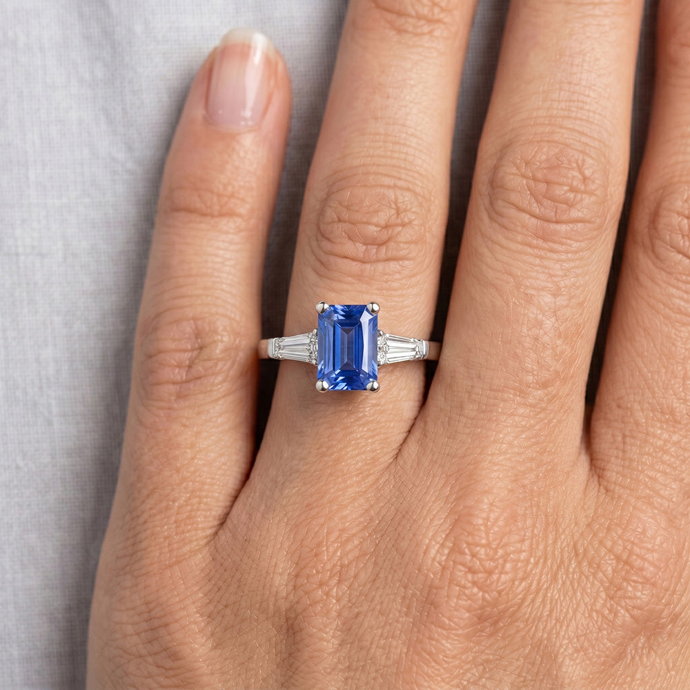2 Carats Womens Jewelry Blue Sapphire Ring Tapered Baguette 3 Stone