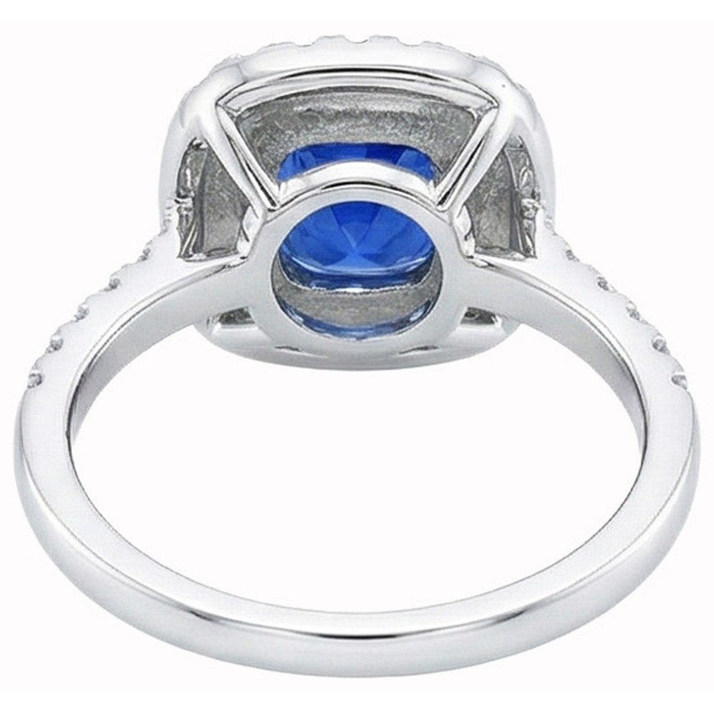 2 Ct Blue Cushion Sapphire And Halo Round Natural Earth Mined Diamond ( Not Lab Grown ) Ring 14K White Gold