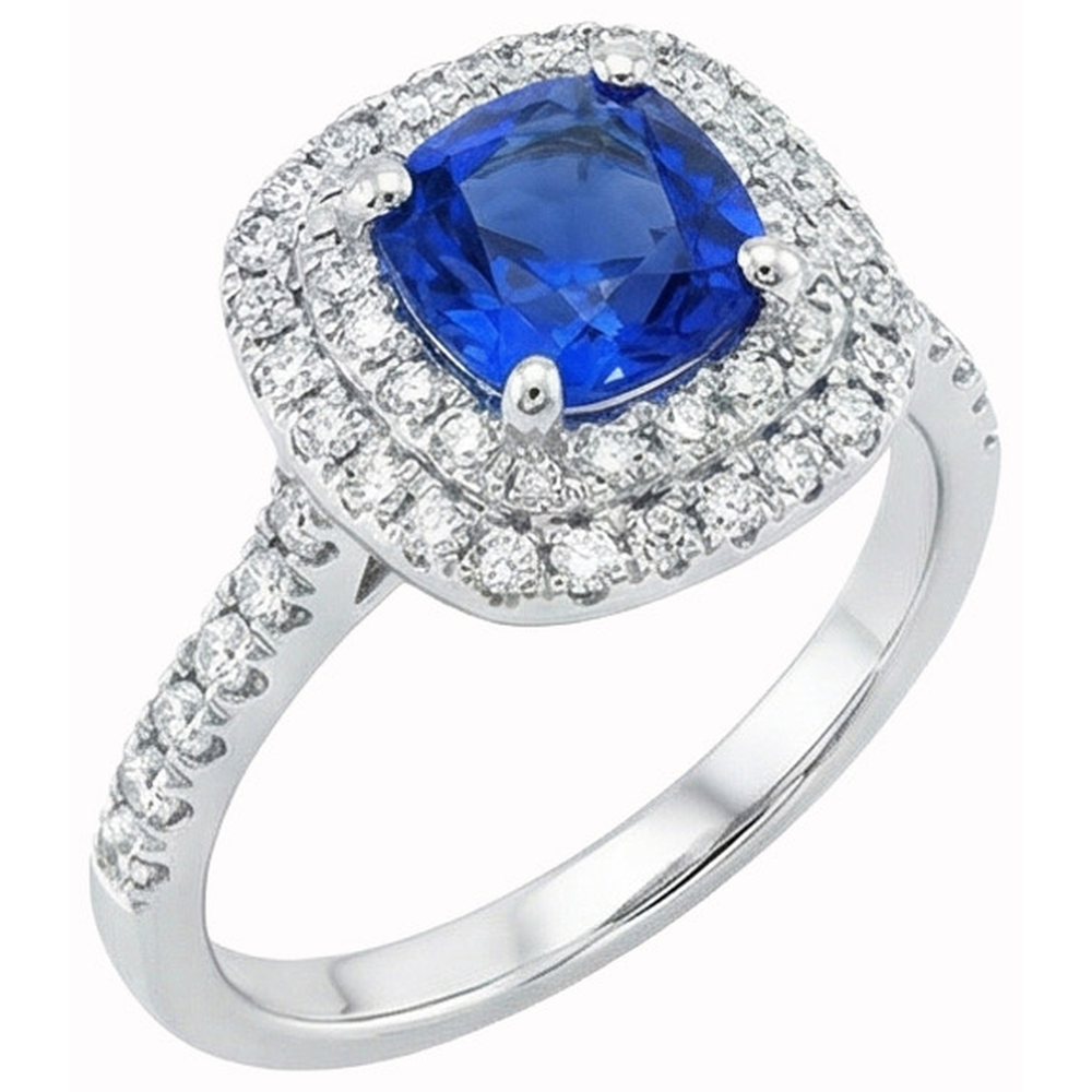 2 Ct Blue Cushion Sapphire And Halo Round Natural Earth Mined Diamond ( Not Lab Grown ) Ring 14K White Gold