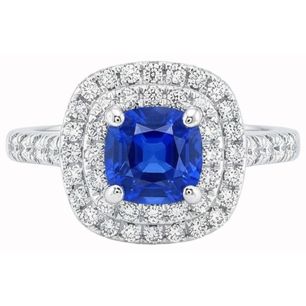 2 Ct Blue Cushion Sapphire And Halo Round Natural Earth Mined Diamond ( Not Lab Grown ) Ring 14K White Gold