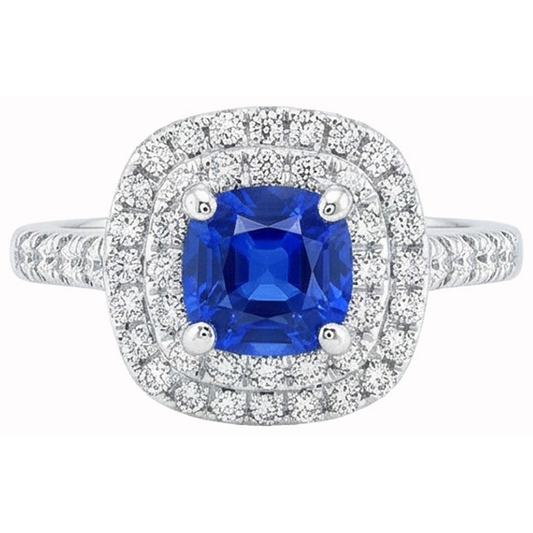 2 Ct Blue Cushion Sapphire And Halo Round Natural Earth Mined Diamond ( Not Lab Grown ) Ring 14K White Gold