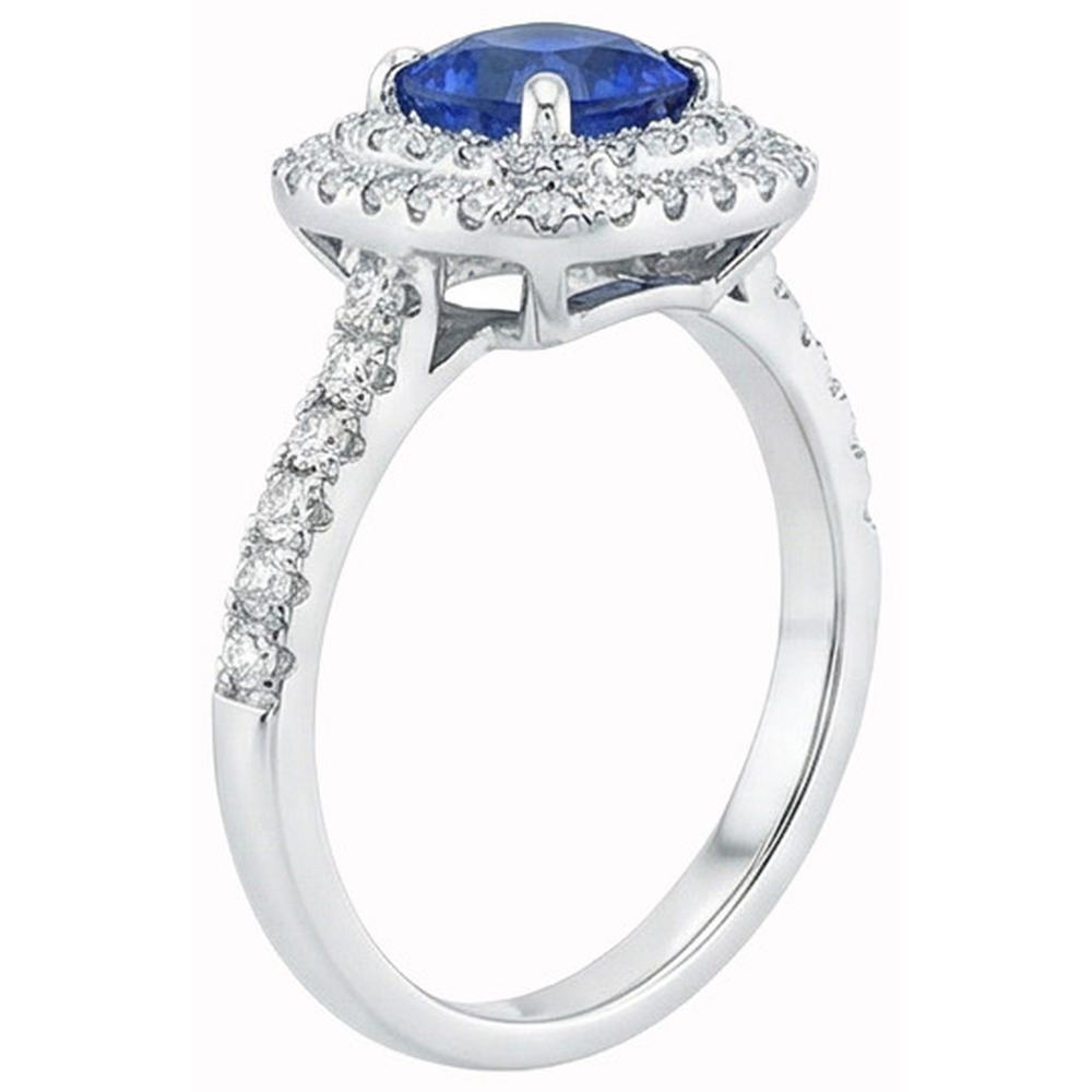 2 Ct Blue Cushion Sapphire And Halo Round Natural Earth Mined Diamond ( Not Lab Grown ) Ring 14K White Gold