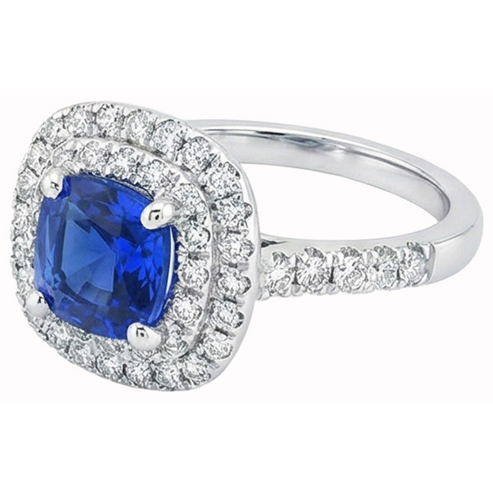 2 Ct Blue Cushion Sapphire And Halo Round Natural Earth Mined Diamond ( Not Lab Grown ) Ring 14K White Gold