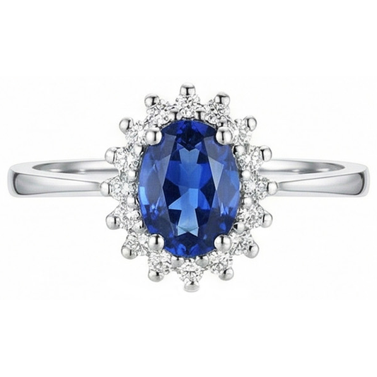 2 Ct Ceylon Sapphire With Natural Earth Mined Diamond ( Not Lab Grown )  Anniversary Ring White Gold 14K