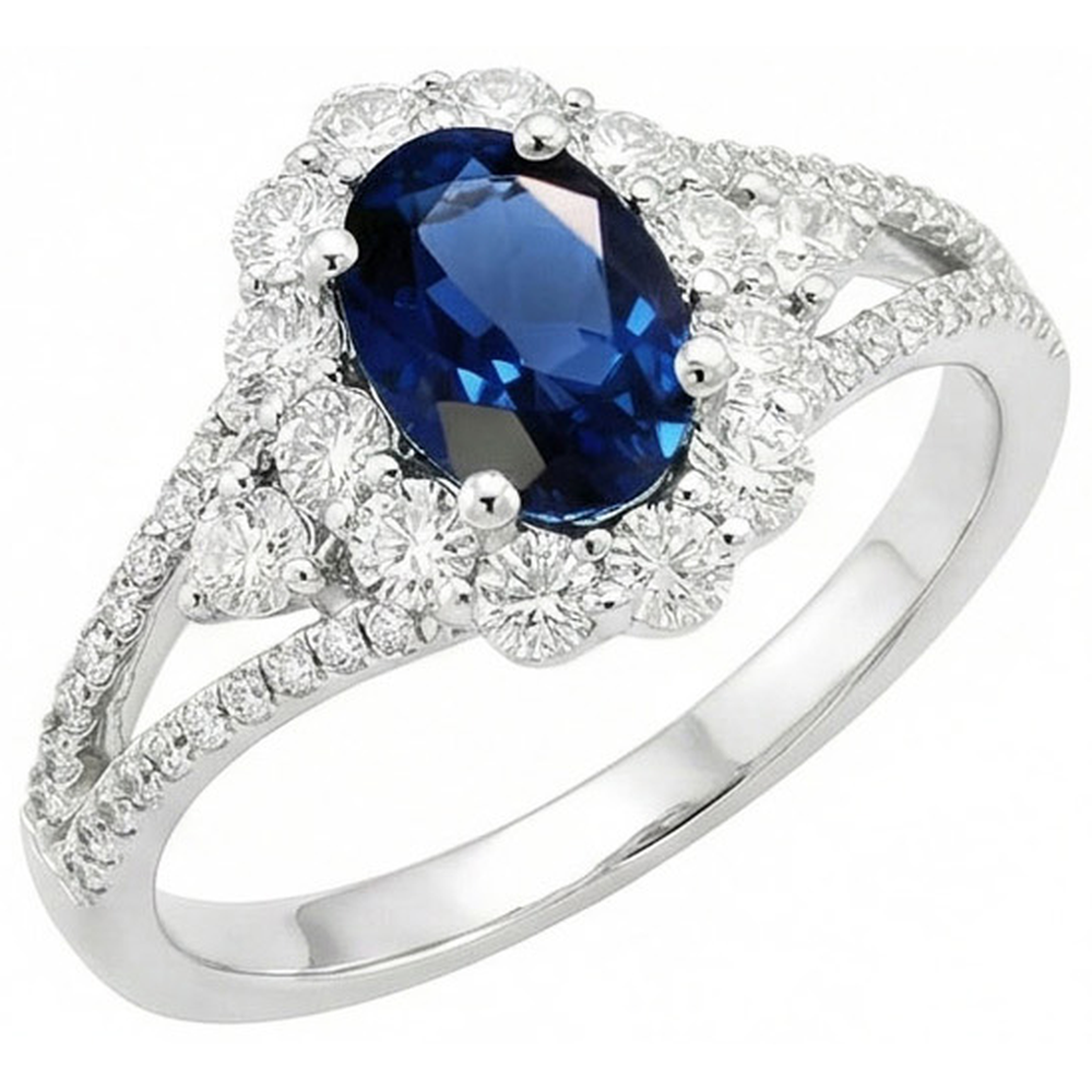 2 Ct Oval Ceylon Sapphire And Natural Earth Mined Diamond ( Not Lab Grown )  Wedding Ring White Gold 14K