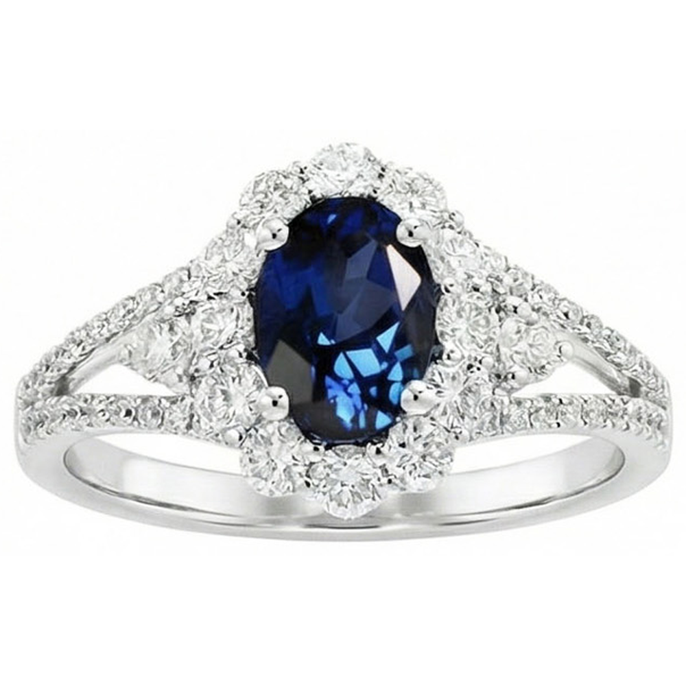 2 Ct Oval Ceylon Sapphire And Natural Earth Mined Diamond ( Not Lab Grown )  Wedding Ring White Gold 14K