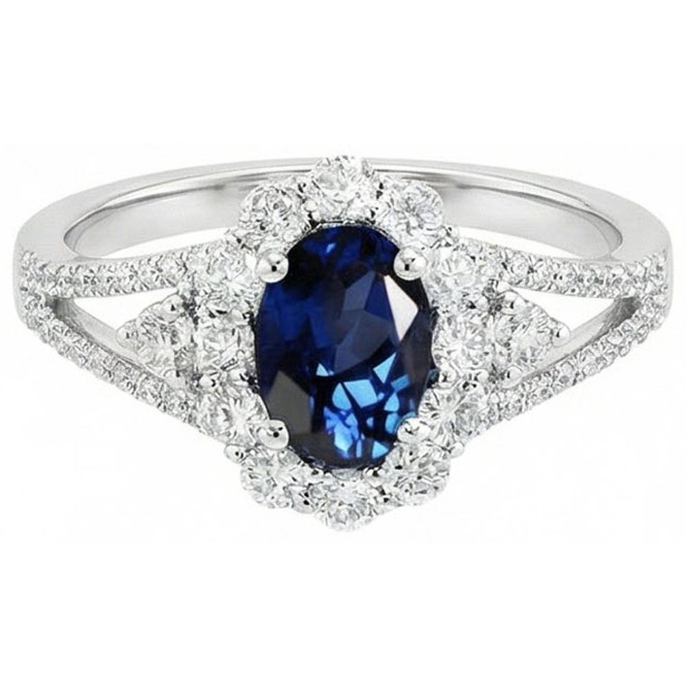 2 Ct Oval Ceylon Sapphire And Natural Earth Mined Diamond ( Not Lab Grown )  Wedding Ring White Gold 14K