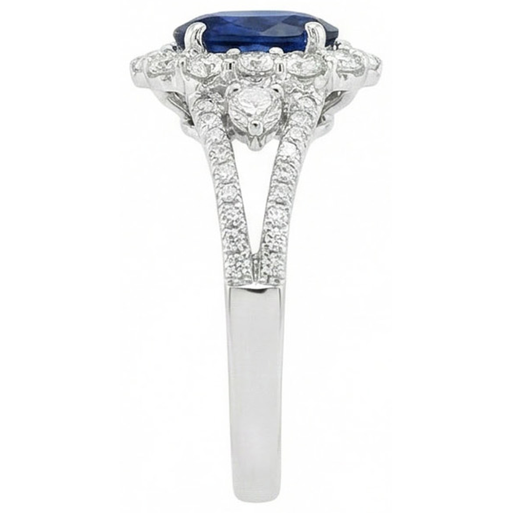 2 Ct Oval Ceylon Sapphire And Natural Earth Mined Diamond ( Not Lab Grown )  Wedding Ring White Gold 14K