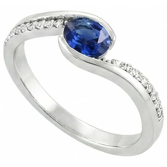 2 Ct Oval Cut Sri Lanka Sapphire And Natural Earth Mined Diamond ( Not Lab Grown )  Ring White Gold 14K