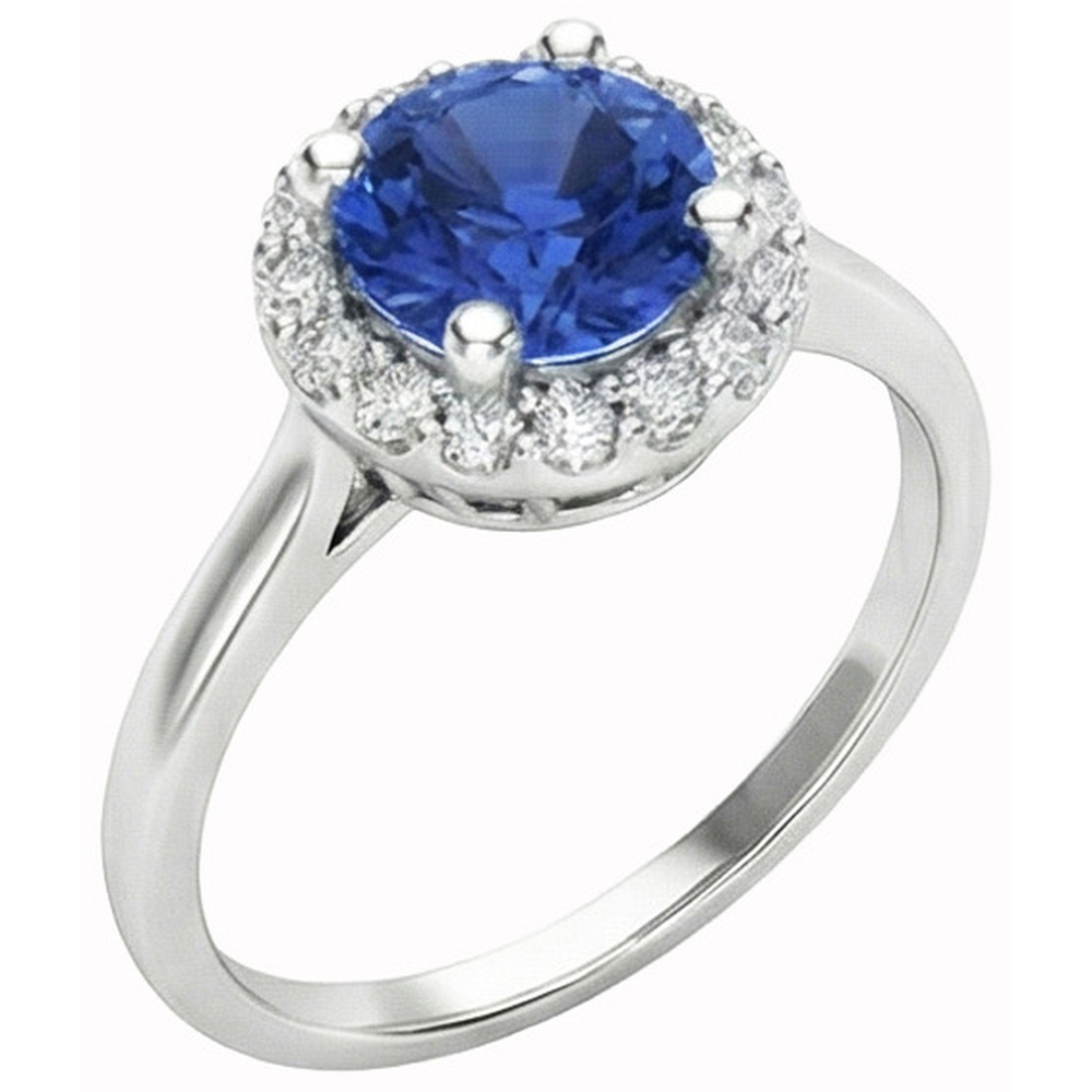 2 Ct Round Ceylon Sapphire Halo Natural Earth Mined Diamond ( Not Lab Grown ) Ring