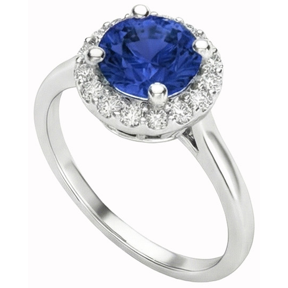 2 Ct Round Ceylon Sapphire Halo Natural Earth Mined Diamond ( Not Lab Grown ) Ring
