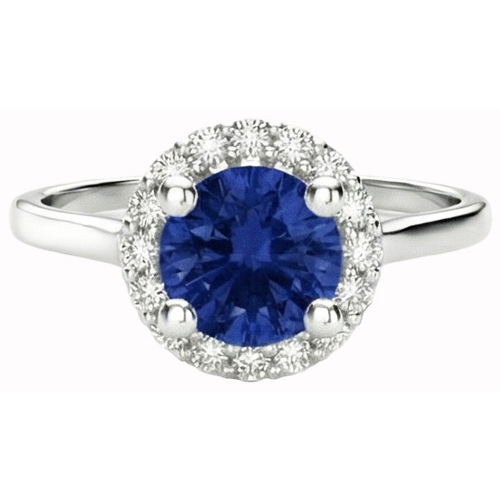 2 Ct Round Ceylon Sapphire Halo Natural Earth Mined Diamond ( Not Lab Grown ) Ring