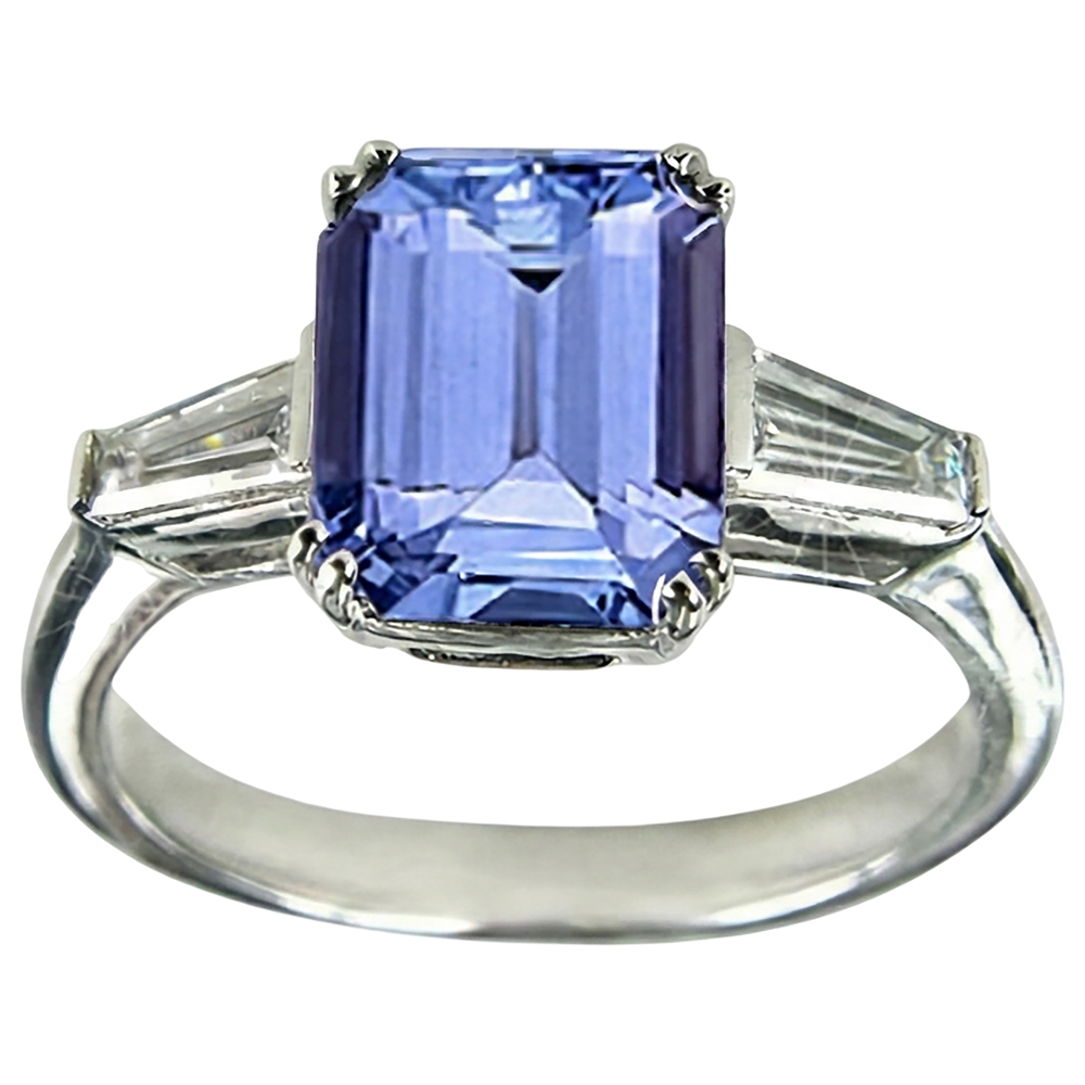 2 Ct Three Stone Tanzanite And Baguette Natural Earth Mined Diamond ( Not Lab Grown ) Wedding Ring