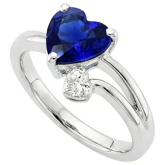 2 Stone Natural Earth Mined Diamond ( Not Lab Grown ) Ring Heart Deep Blue Sapphire Split Shank 2.25 Carats