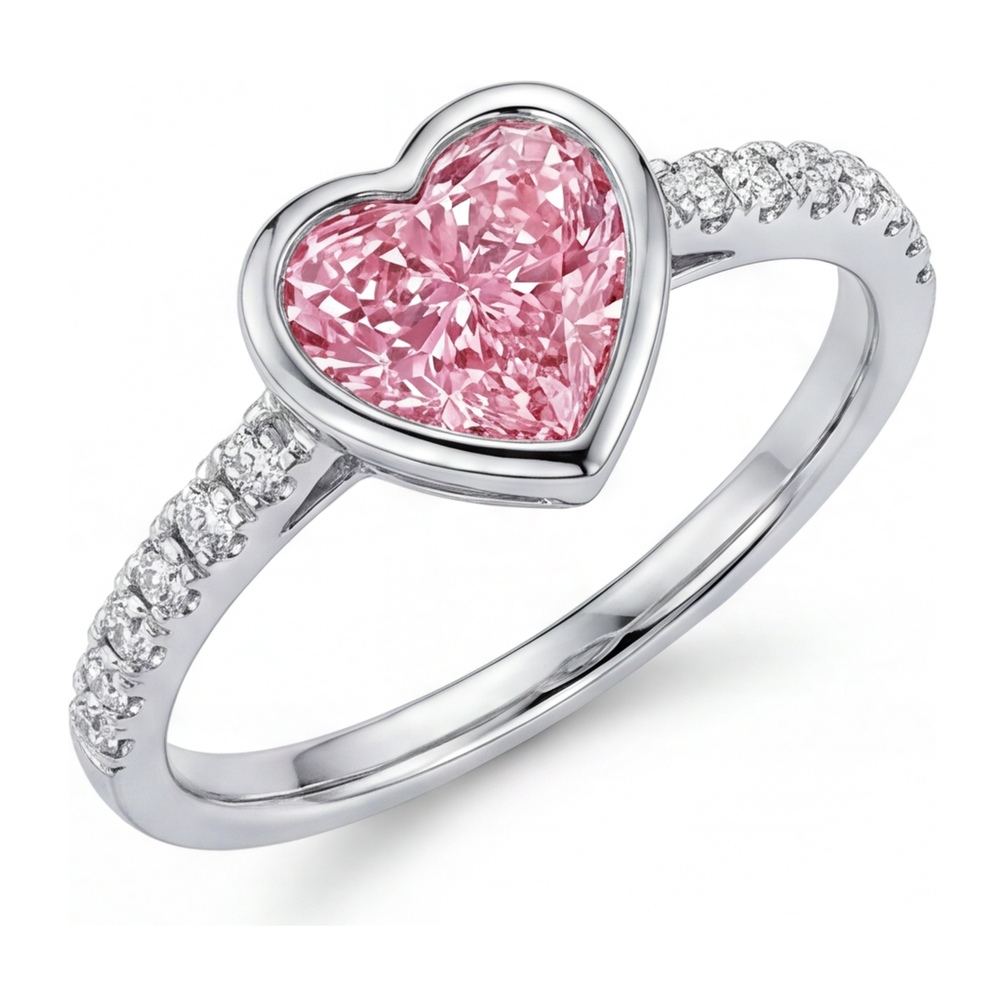 Pink Heart Diamond Ring 2 Carat Lab Grown Bezel 14K White Gold