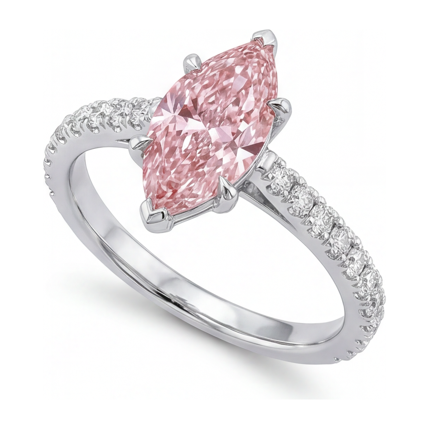 Pink Diamond Ring 2 Carat Lab Grown Marquise Pave 14K White Gold