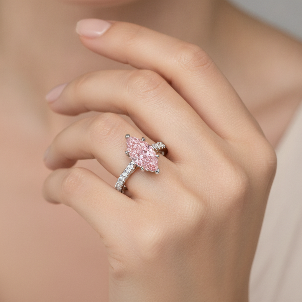 Pink Diamond Ring 2 Carat Lab Grown Marquise Pave 14K White Gold