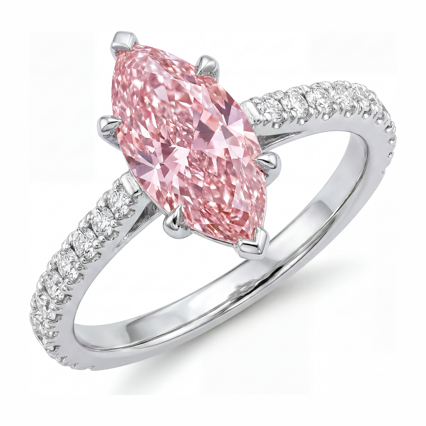 Pink Diamond Ring 2 Carat Lab Grown Marquise Pave 14K White Gold
