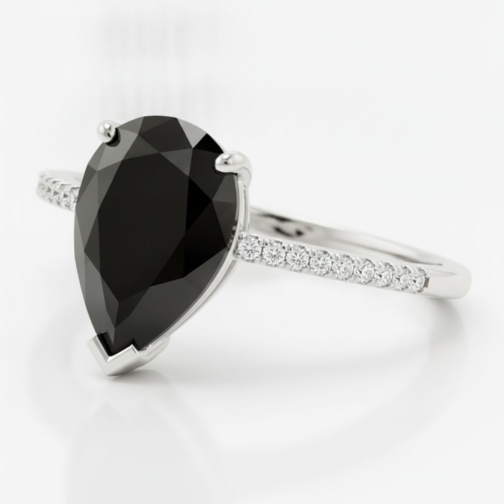 Black Diamond Ring 5 Carat Natural Pear Pave Solitaire 14K White Gold