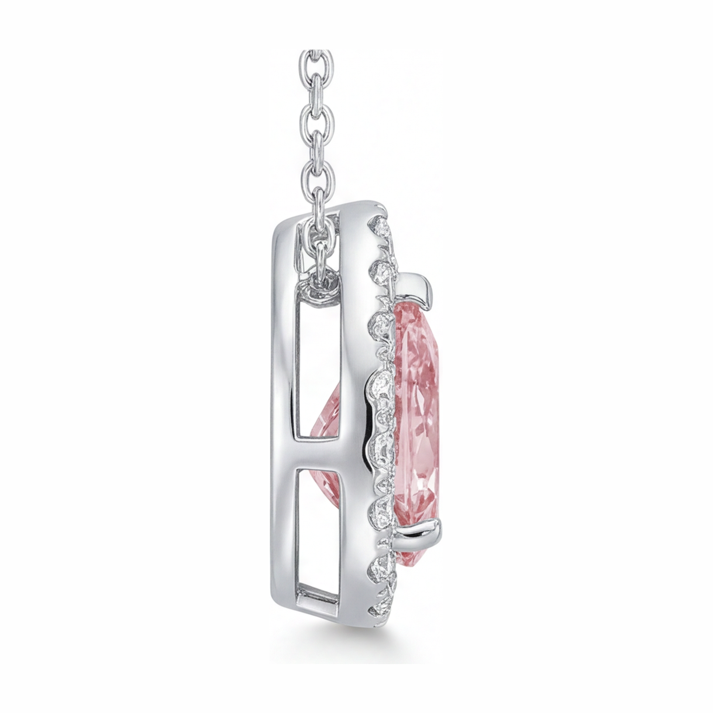 Pink Diamond Necklace 2 Carat Lab Grown Pear Halo Pendant 14K White Gold