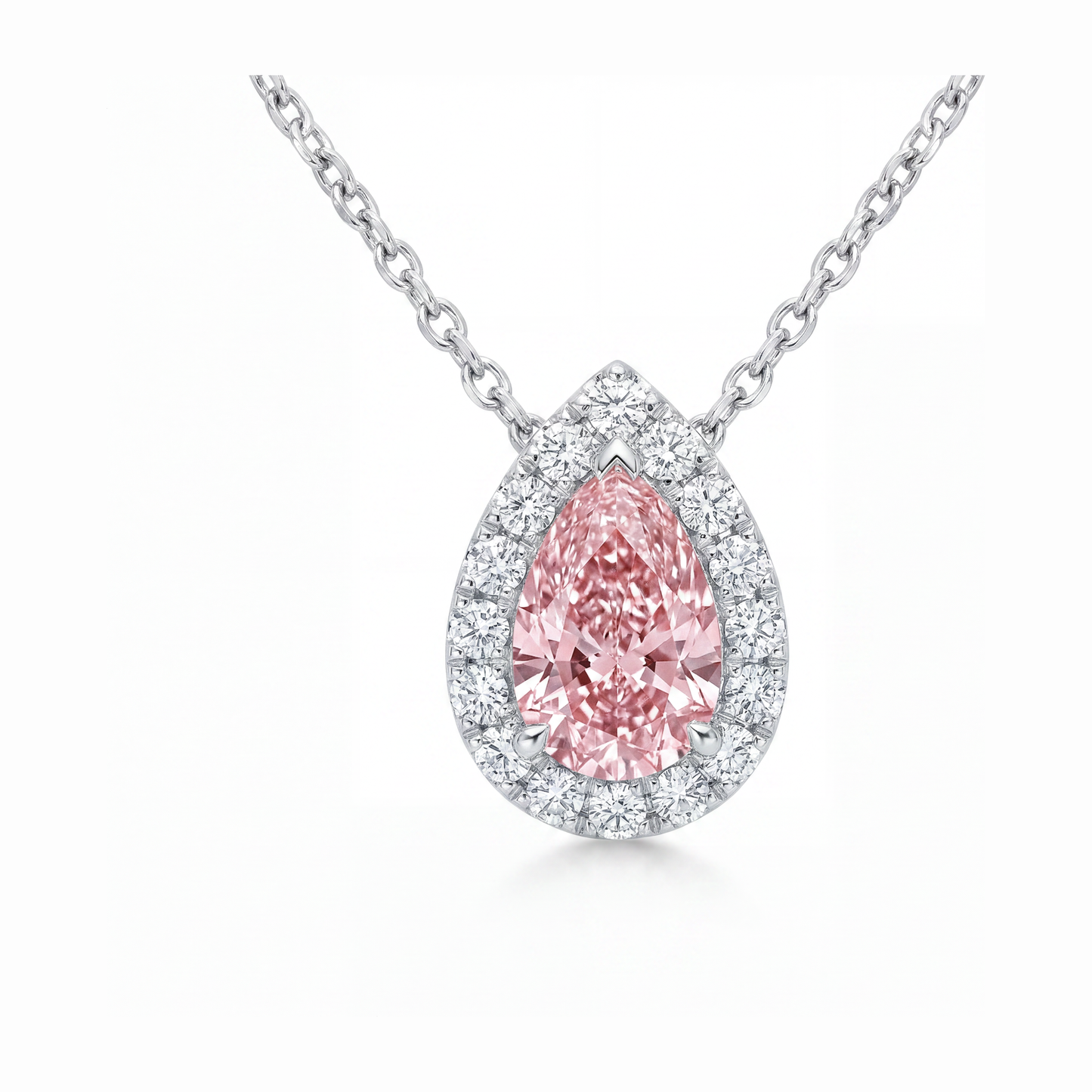 Pink Diamond Necklace 2 Carat Lab Grown Pear Halo Pendant 14K White Gold