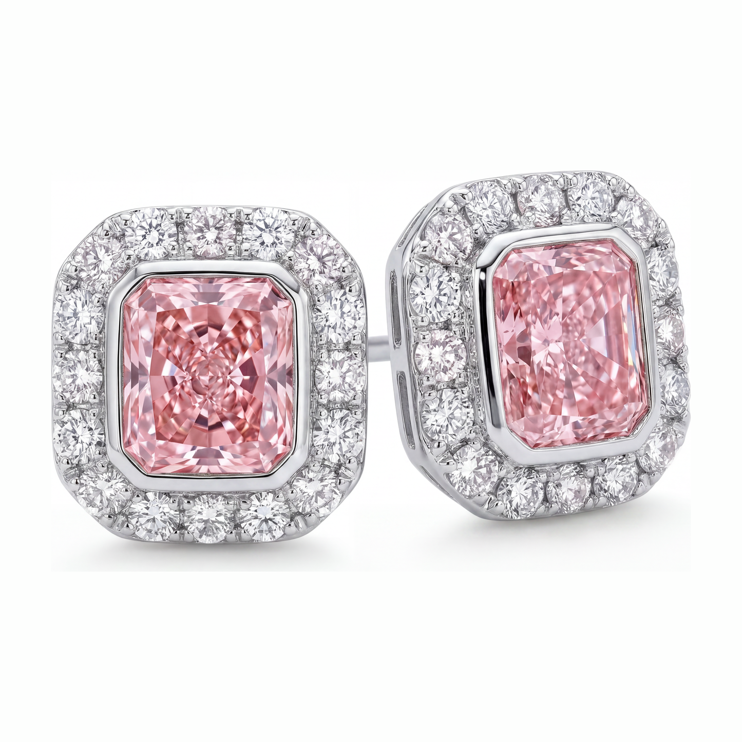 Pink Diamond Earrings 2 Carat Lab Grown Radiant Halo 14K White Gold