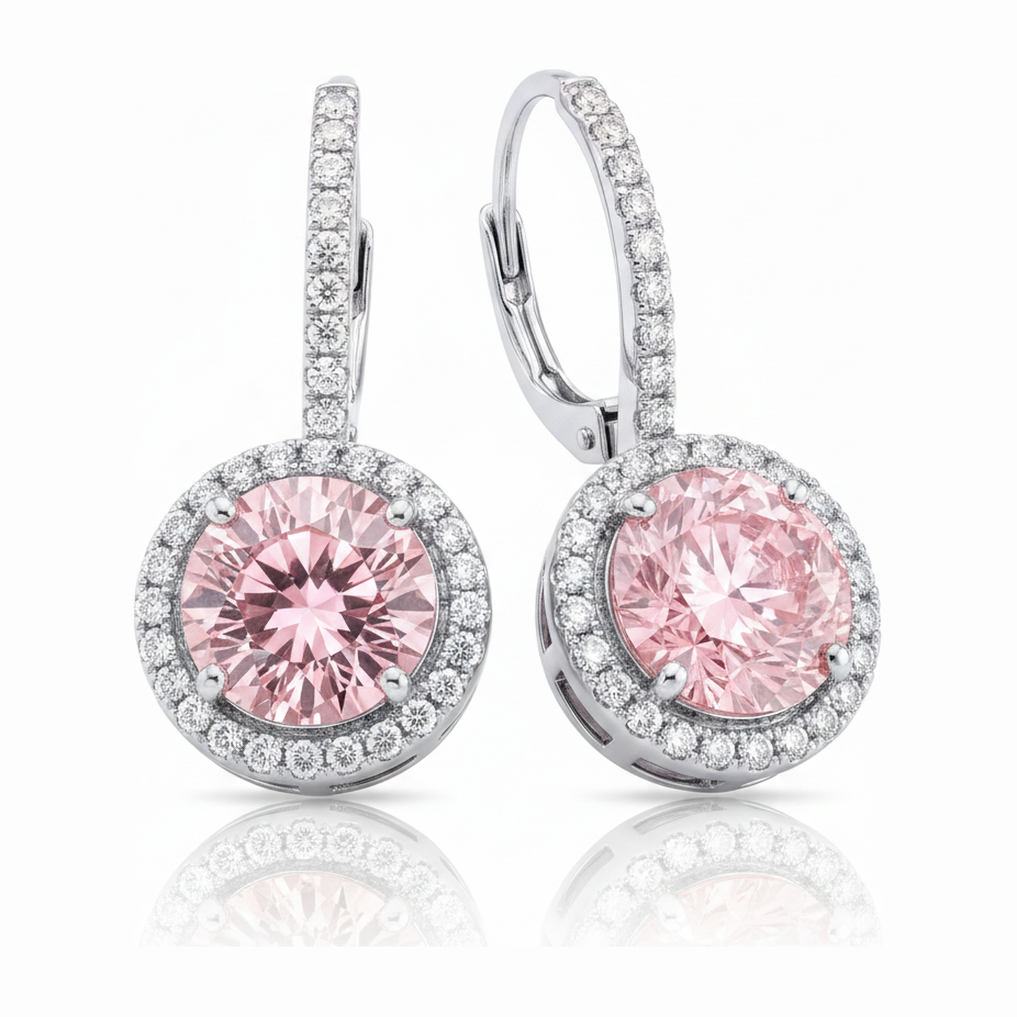 Pink Diamond Earrings 2 Carat Lab Grown Round Halo 14K White Gold